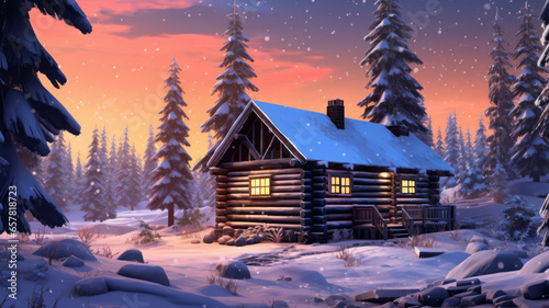 this small log cabin is snow covered at twilight blue sky © JKLoma
