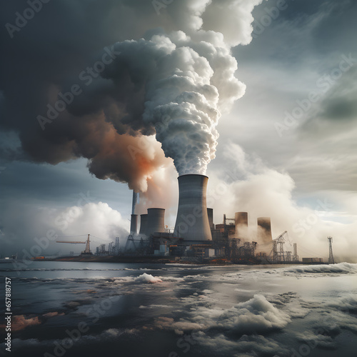 Nuclear power plant emitting smoke and pollution into the air. Generative ai. 