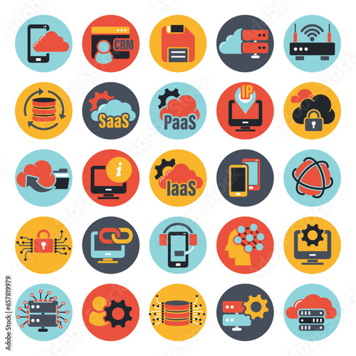 Cloud technology, programming, data management, internet connection, social network, computing, information. Technology icons set. Flat vector illustration	
