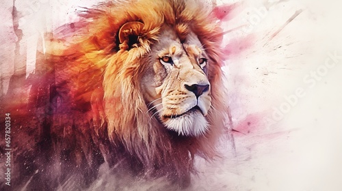 Profile of a proud lion with a fiery mane against a cloudy sky. Close-up of a lion's face looking up. Illustration for cover, card, postcard, interior design, decor or print.