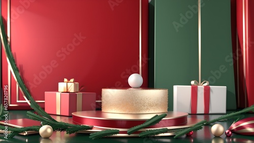 Moderner Hintergrund für Weihnachten. 3D Weihnachtskugeln, Geschenke, Sterne und Schleifen.