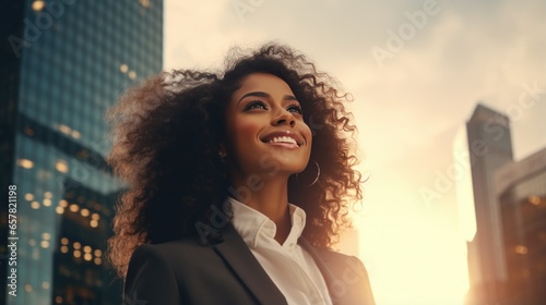 Photo of a beautiful smiling African American woman in a big city.