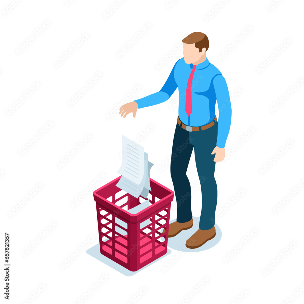 isometric business man throwing papers into the trash bin, in color on a white background, deleting files or getting rid of work documentation isometric business man throwing papers into the trash bin, in color on a white background, deleting files or getting rid of work documentation
