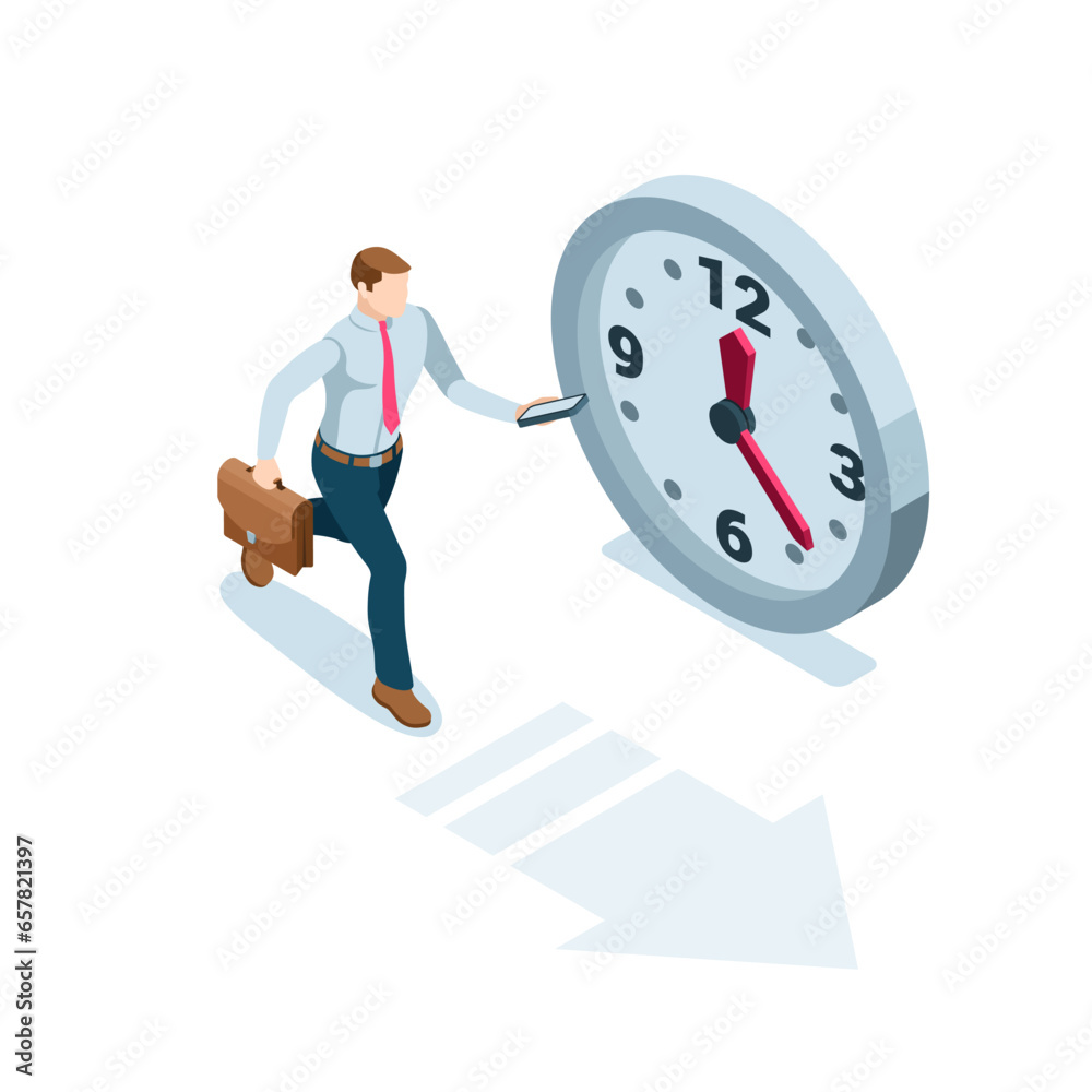 isometric business man with a briefcase and a smartphone runs near the clock, in color on a white background, deadline or time management isometric business man with a briefcase and a smartphone runs near the clock, in color on a white background, deadline or time management