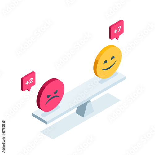 isometric emoticons cheerful and angry are compared who will outweigh whom, in color on a white background, weighing or comparison on balance