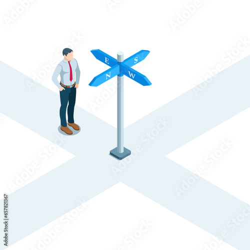 isometric business man standing at an intersection in front of a sign with arrows in four directions, choosing a direction or the right path