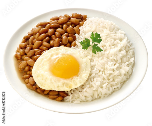 prato com arroz branco, feijão cozido e ovo frito isolado em fundo transparente  photo