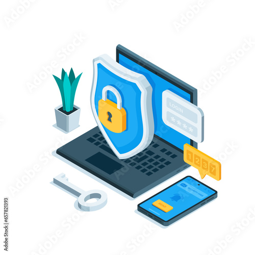 isometric shield with a padlock near a laptop and smartphone, in color on a white background, data protection or secure account login