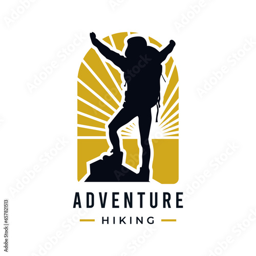 Success man with backpack hiking reach top of mountain silhouette. Outdoor adventure logo design vector illustration