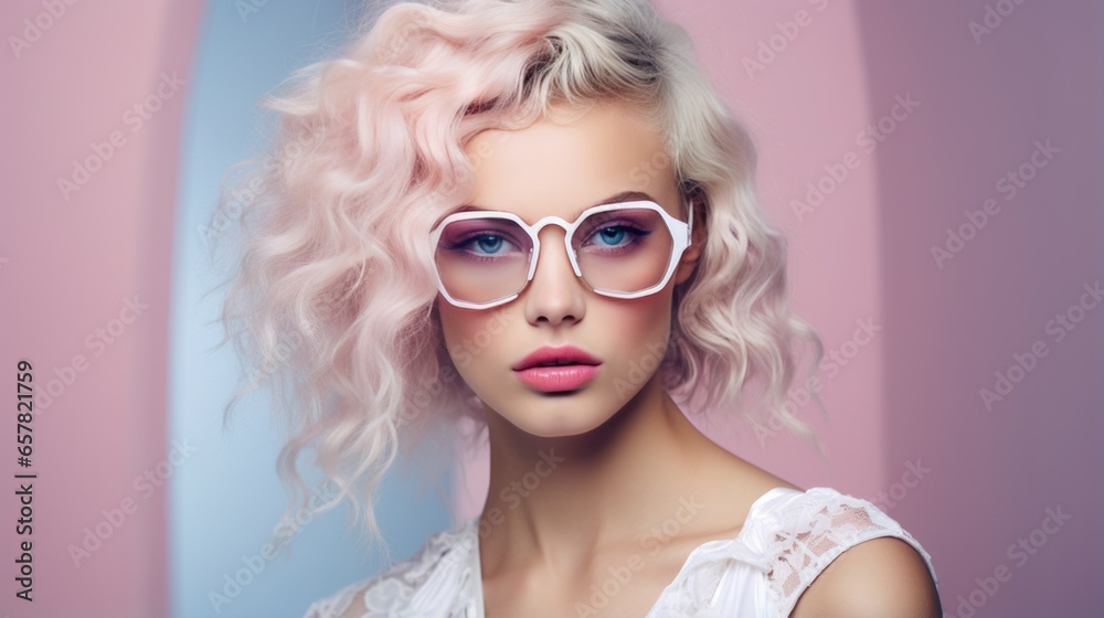 Studio portrait of a beautiful woman with a beautiful hairstyle wearing pink glasses, close-up on a dark background Studio portrait of a beautiful woman with a beautiful hairstyle wearing pink glasses, close-up on a dark background