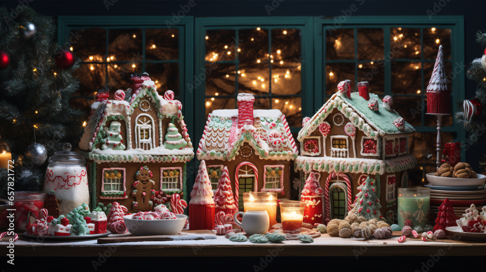 Christmas house made from ginger cookies with ginger man outside decorated in Christmas spirit with tree in background Christmas house made from ginger cookies with ginger man outside decorated in Christmas spirit with tree in background