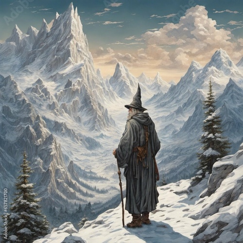 фотография wandering wizard in a snowy mountain range, surrounded by tall peaks and crisp c