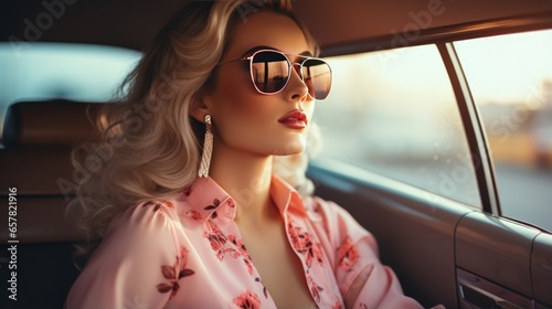 Portrait of a beautiful woman in sunglasses posing in a car © koplesya