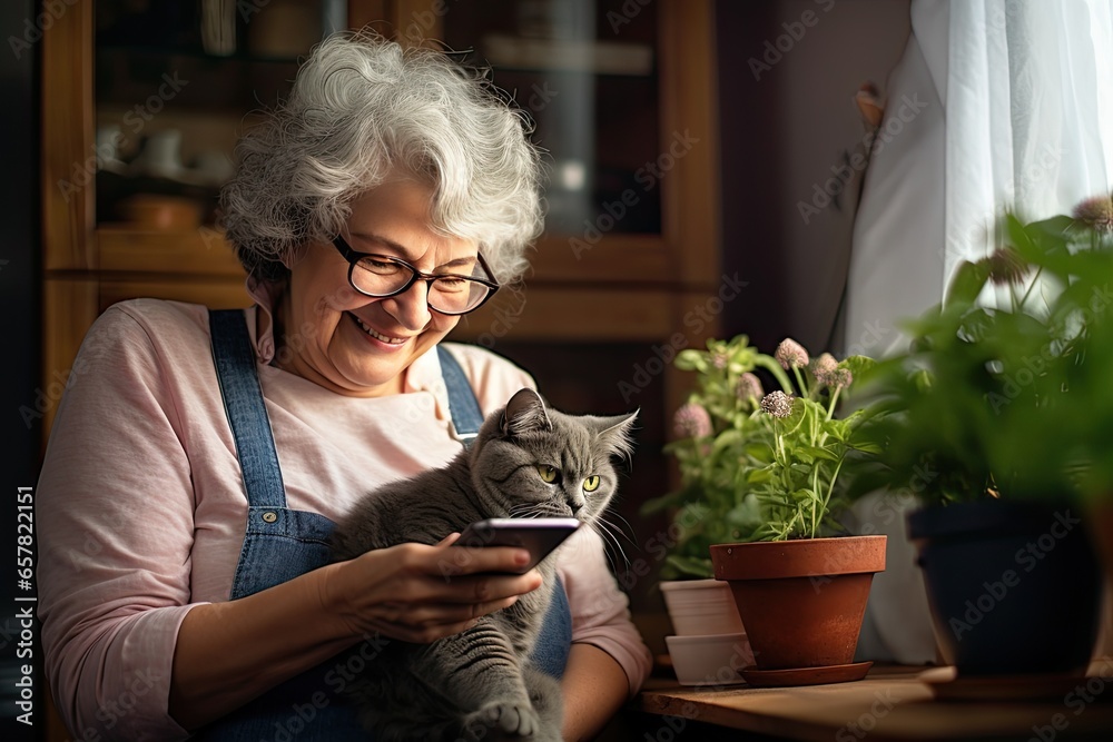 An elderly woman at home sitting on the sofa with her pet cat is holding a smartphone and perhaps taking a selfie with her furry friend. - obrazy, fototapety, plakaty 