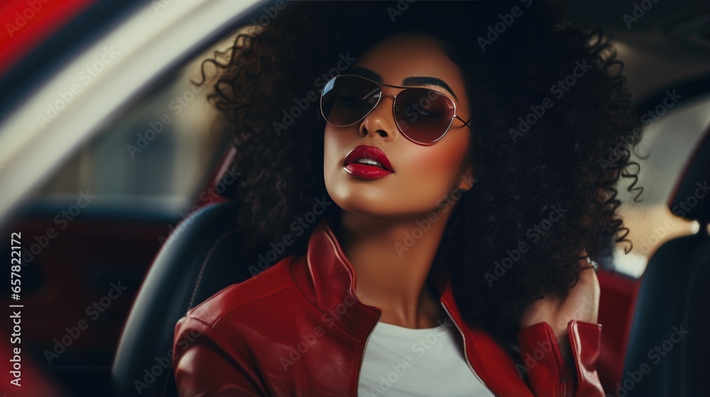 Portrait of a beautiful woman in sunglasses posing in a car