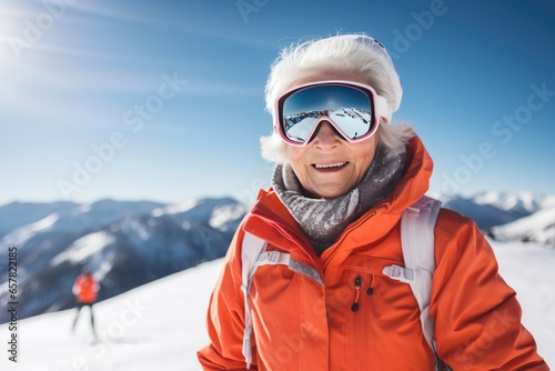 An elderly woman enjoys skiing against the backdrop of snow-capped mountains.
