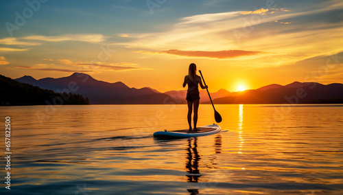 Paddle boarding on stand up paddle board surfboard surfing in ocean sea. woman with oar standing on paddle board at sunset.  