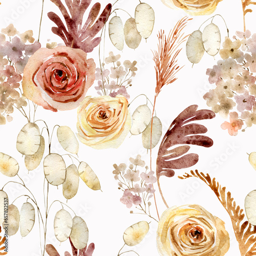 Watercolor boho beige dried flowers floral seamless pattern. Hand drawn botanical background. Repeatable texture, fashion, wrapping paper, stationery, fabric, paper, textile, surface