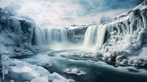 Frozen waterfall in winter with ice and snow, panoramic view