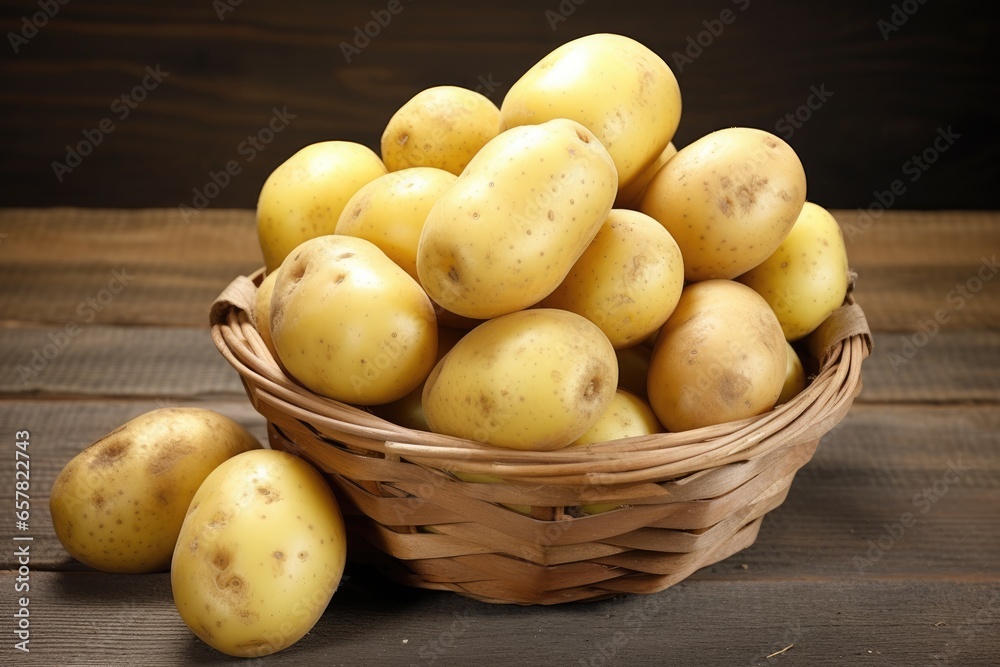 Stack of Potatoes on Wooden Table Stack of Potatoes on Wooden Table