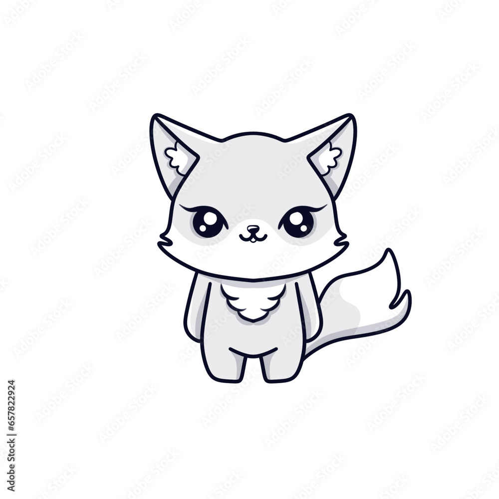 Cute little cub arctic fox with fluffy tail cartoon chibi style