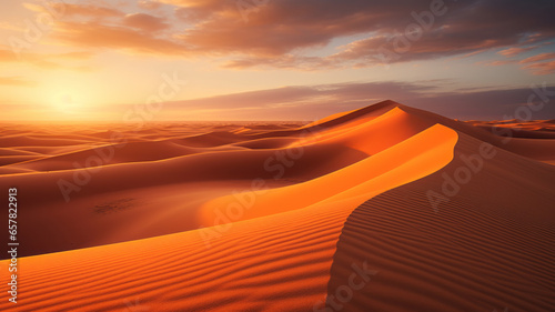 photograph of Beautiful sand dunes in the Sahara desert. wide angle lens sunset lighting generative ai