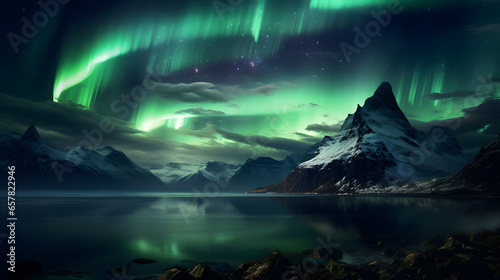 Aurora borealis  northern lights over mountains in the background