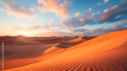 photograph of Beautiful sand dunes in the Sahara desert. wide angle lens sunset lighting generative ai