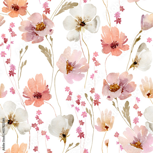 Watercolor pink subtle wildflowers floral seamless pattern. Hand drawn delicate botanical background. Romantic repeatable texture, wrapping paper, stationery, wallpaper,  fabric, paper, textile