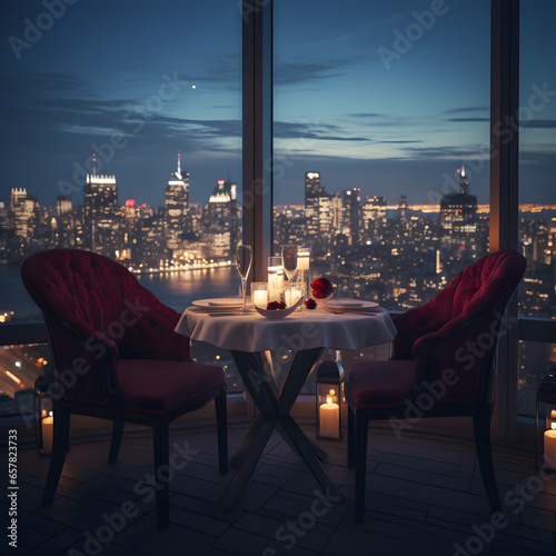 Romantic dinner table in a restaurant with the city in the background. Generative ai. 