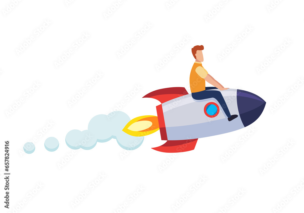 Generative AI and Personal Touch. man riding a high flying rocket to ...