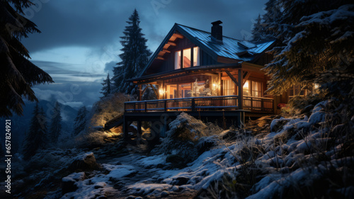 this small log cabin is snow covered at twilight blue sky,generative ai © LomaPari2021