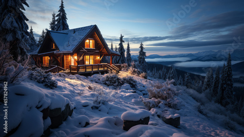 this small log cabin is snow covered at twilight blue sky,generative ai