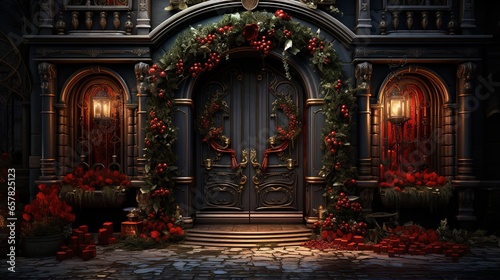 Generative AI, Front door with Christmas decoration, wreath and garland. Red and grey colors 