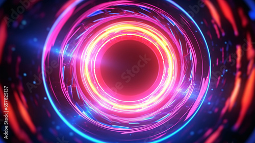 In this 3D rendering, an energetic singularity in space emits neon hues, forming an abstract backdrop..