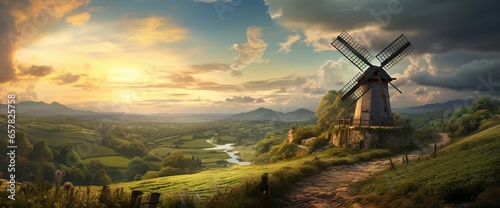 A rustic windmill set against a picturesque countryside, embodying a symbol of sustainability.