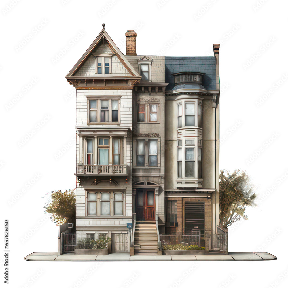 Fototapeta premium Urban stone house isolated on white created with Generative AI