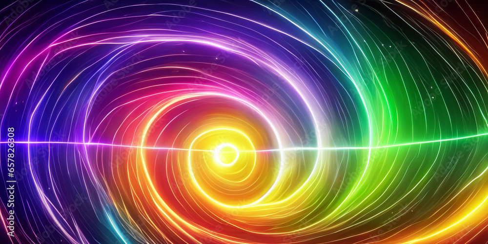 Leuchtende regenbogenfarben bunte Spuren, Kreise und Spiralen, wie ein kosmische Wellen in fernen Galaxien. Hintergrund und Vorlage für Wissenschaft und Technik.