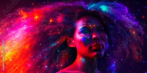 Portrait einer dunkelhäutigen jungen Frau mit glitzernden Sternen auf dem Gesicht. Ihre weit abstehenden Haare bestehen aus bunten Galaxien und Sternen unseres Universums 