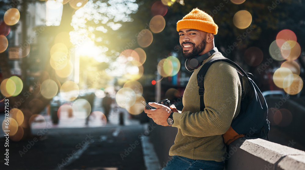 Portrait, phone and double exposure with a man on a street in the city for travel or tourism on space. Communication, backpack and a happy young traveler on an urban road to search for a location - obrazy, fototapety, plakaty 