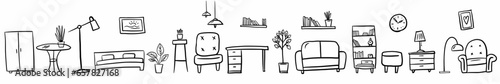 Vector horizontal collection of various furniture and interior items, hand-drawn in the style of doodles