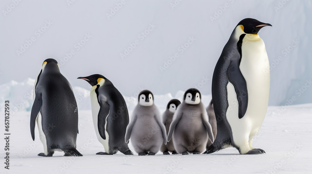 Obraz premium Family of Emperor Penguins on Snowy Antarctic Landscape