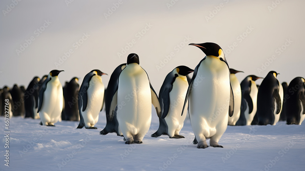 Fototapeta premium Family of Emperor Penguins on Snowy Antarctic Landscape