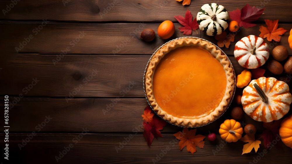 Thanksgiving pumpkin, top view, copy space. Fall traditional homemade pumpkin pie for the autumn holiday. Holiday concept. 
 - obrazy, fototapety, plakaty 