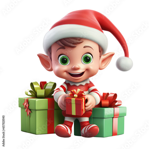 cute little kid boy wearing green elf Christmas costume.. Generative AI