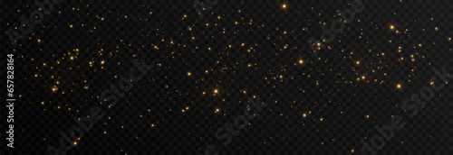 Golden magic dust png. Light effect. Magic glow. Spraying glowing particles png. Christmas glowing background.