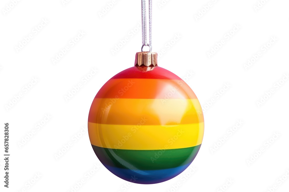 rainbow Christmas ball with ribbon and a bow, isolated on background. Generative AI rainbow Christmas ball with ribbon and a bow, isolated on background. Generative AI