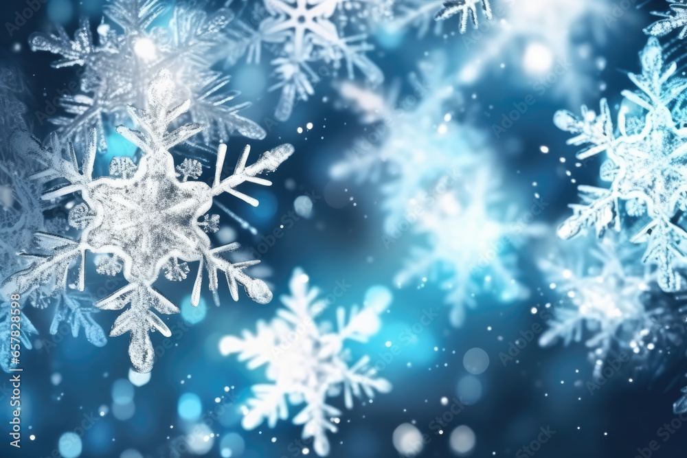 holiday background with blinking stars and falling snowflakes. Blurred bokeh of Christmas lights. Generative AI holiday background with blinking stars and falling snowflakes. Blurred bokeh of Christmas lights. Generative AI