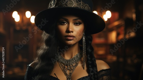 Portrait fantasy african american woman dark queen. Halloween Girl voodoo witch.