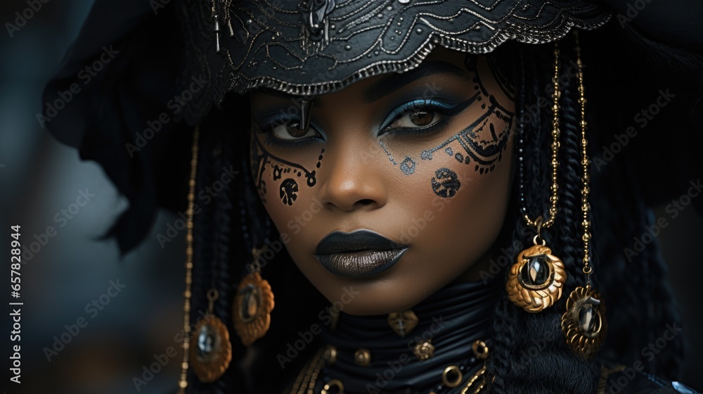 Portrait fantasy african american woman dark queen. Halloween Girl voodoo witch. Portrait fantasy african american woman dark queen. Halloween Girl voodoo witch.